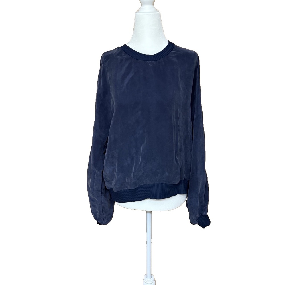 Amour Vert Women Size XL Cupro Velvet Cropped Top Blue Long Sleeve Pullover